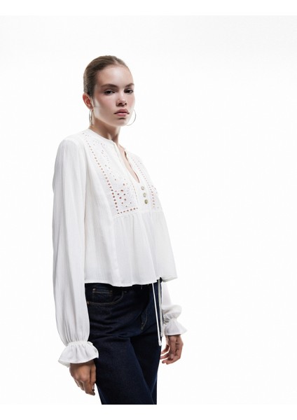 Viskon Uzun Kollu Bağlama Detaylı Düğmeli V Yaka Fisto Bluz fiyatları