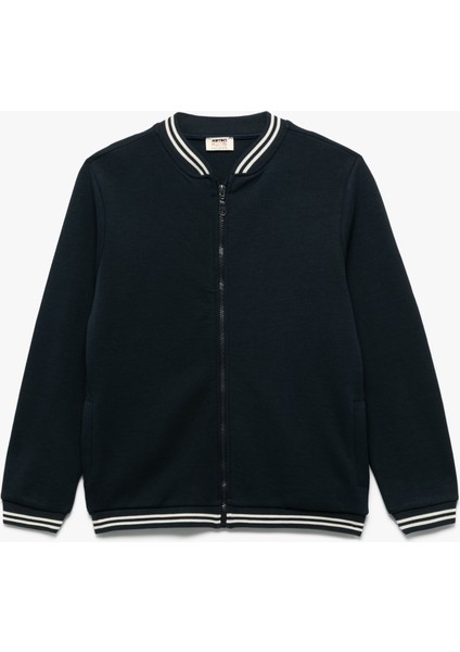 Pamuklu Cepli Şerit Detaylı Kolej Yaka Uzun Kollu Fermuarlı Bomber Ceket