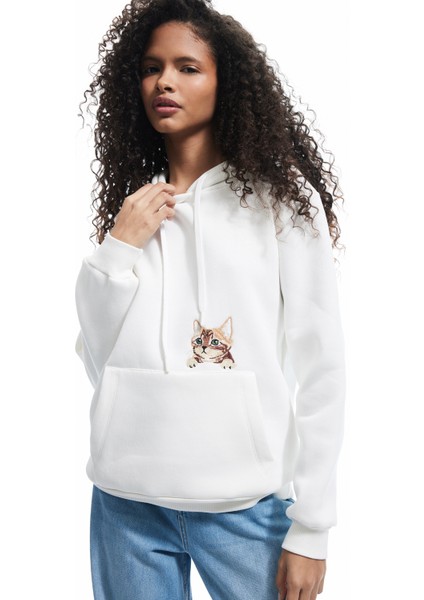 Şardonlu Uzun Kollu Kapüşonlu Kanguru Cepli Nakış Detaylı Sweatshirt