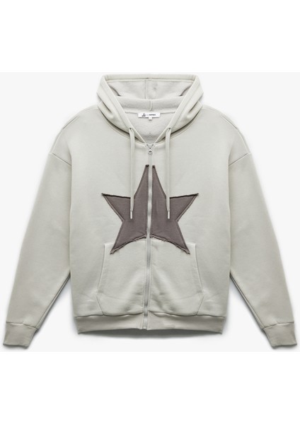 Yıldız Baskılı Şardonlu Kapüşonlu Kanguru Cepli Oversize Fermuarlı Sweatshirt