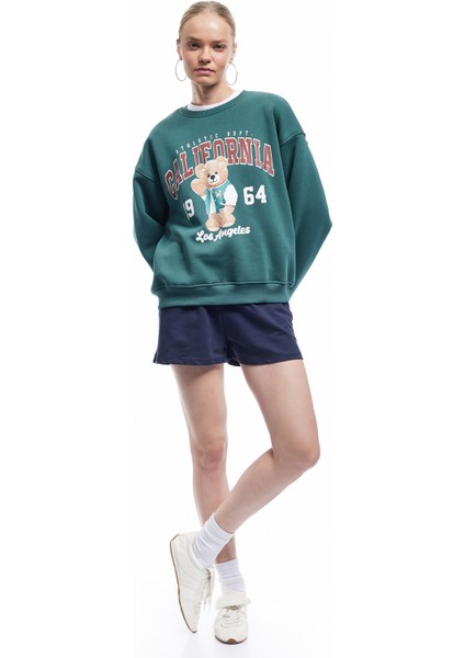 Şardonlu Uzun Kollu Bisiklet Yaka Ayıcık Baskılı Oversize Sweatshirt fiyatları