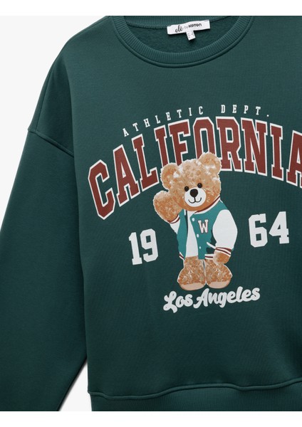 Şardonlu Uzun Kollu Bisiklet Yaka Ayıcık Baskılı Oversize Sweatshirt indirimleri