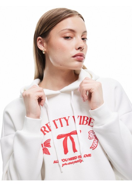 Baskılı Üç Iplik Şardonlu Kapüşonlu Oversize Sweatshirt