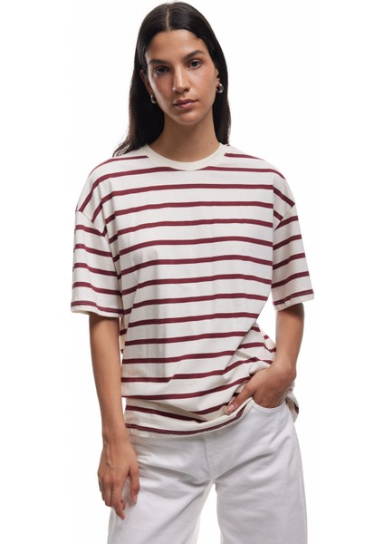 Pamuklu Kısa Kollu Bisiklet Yaka Basic Çizgili Tişört