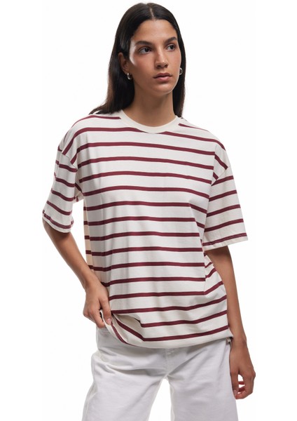 Pamuklu Kısa Kollu Bisiklet Yaka Basic Çizgili Tişört fiyatları