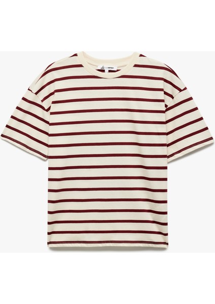 Pamuklu Kısa Kollu Bisiklet Yaka Basic Çizgili Tişört modelleri