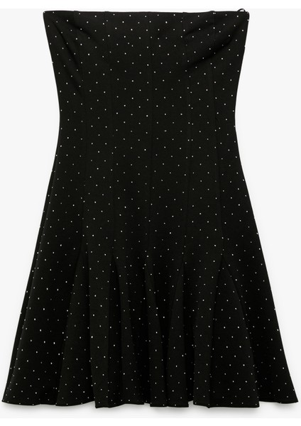 Straplez Kolsuz Volanlı Taşlı Astarlı Mini Abiye Elbise