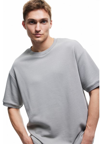 Kısa Kollu Bisiklet Yaka Şardonlu Basic Oversize Tişört