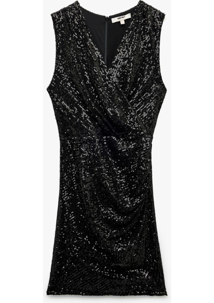 Kruvaze Yaka Kolsuz Pullu Payetli Bodycon Mini Abiye Elbise modelleri