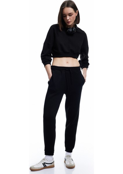 Beli Bağcıklı Şardonlu Yüksek Bel Oversize Jogger Spor Eşofman Altı
