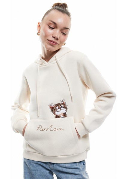 Kapüşonlu Şardonlu Kedi Nakış Detaylı Kanguru Cepli Sweatshirt