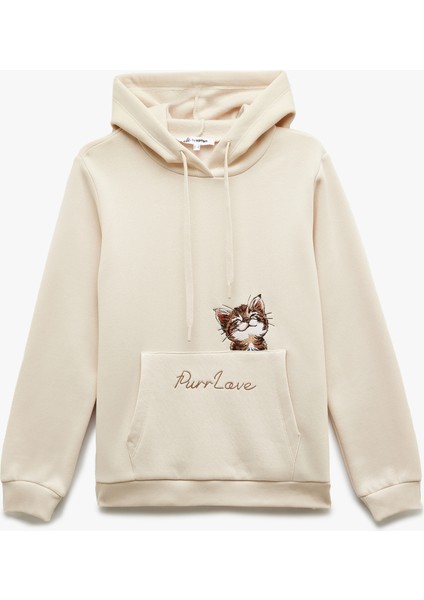Kapüşonlu Şardonlu Kedi Nakış Detaylı Kanguru Cepli Sweatshirt modelleri