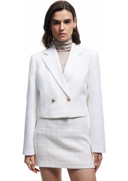 Kruvaze Uzun Kollu Tüvit Crop Blazer Ceket
