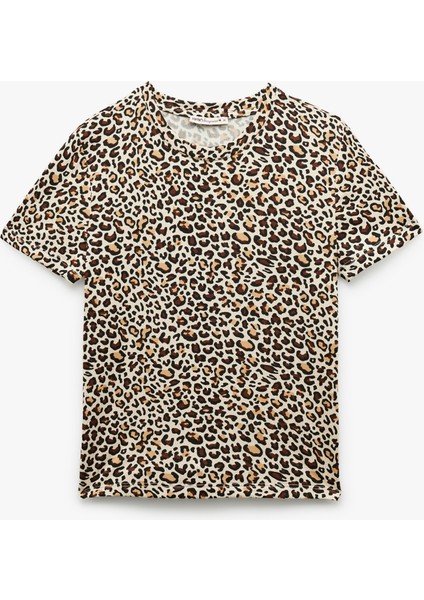 Kısa Kollu Bisiklet Yaka Leopar Desenli Crop Pijama Üstü modelleri