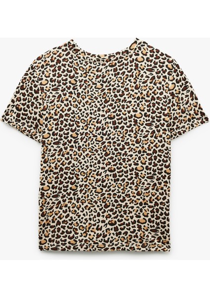 Kısa Kollu Bisiklet Yaka Leopar Desenli Crop Pijama Üstü fırsatları