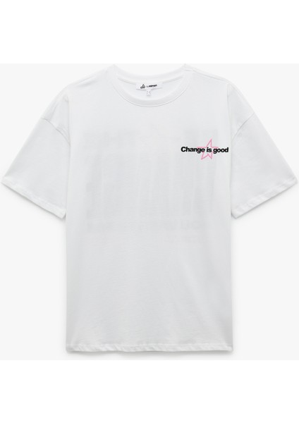 Kısa Kollu Bisiklet Yaka Arkası Baskılı Pamuklu Oversize Tişört