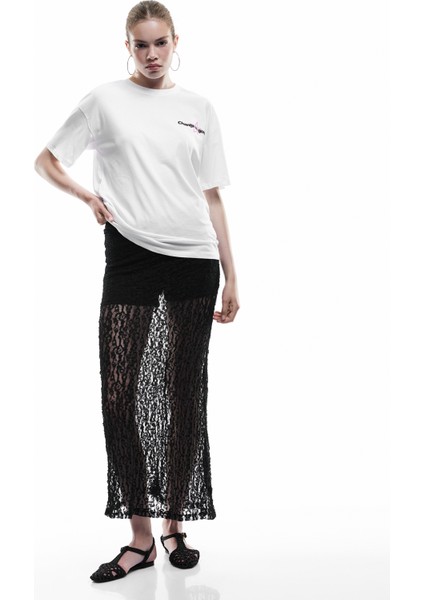 Kısa Kollu Bisiklet Yaka Arkası Baskılı Pamuklu Oversize Tişört fiyatları