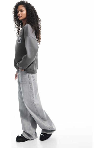 Üç Iplik Şardonlu Bisiklet Yaka Baskılı Oversize Sweatshirt