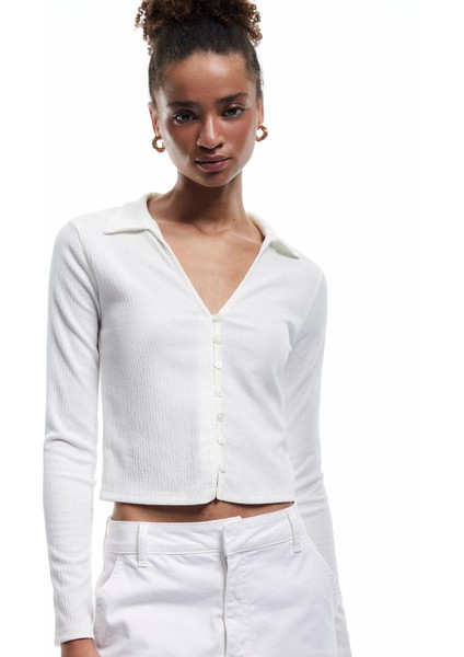 Gömlek Yaka Uzun Kollu Düğmeli Slim Fit Tişört