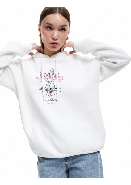 Bugs Bunny Lisanslı Arkası Baskılı Şardonlu Uzun Kollu Kapüşonlu Oversize Sweatshirt