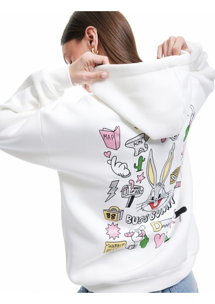 Bugs Bunny Lisanslı Arkası Baskılı Şardonlu Uzun Kollu Kapüşonlu Oversize Sweatshirt modelleri
