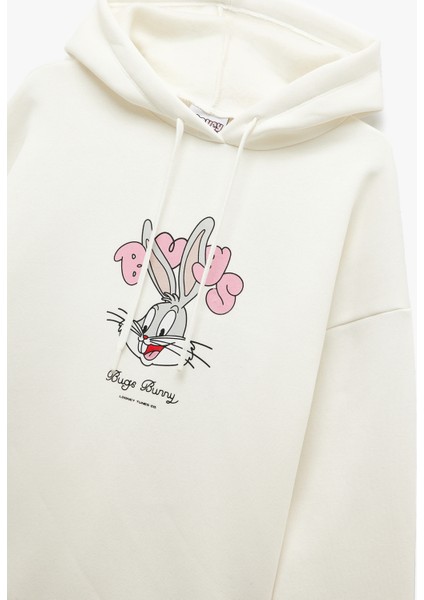 Bugs Bunny Lisanslı Arkası Baskılı Şardonlu Uzun Kollu Kapüşonlu Oversize Sweatshirt