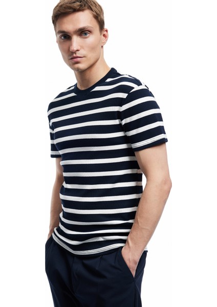 Kısa Kollu Bisiklet Yaka Slim Fit Çizgili Tişört