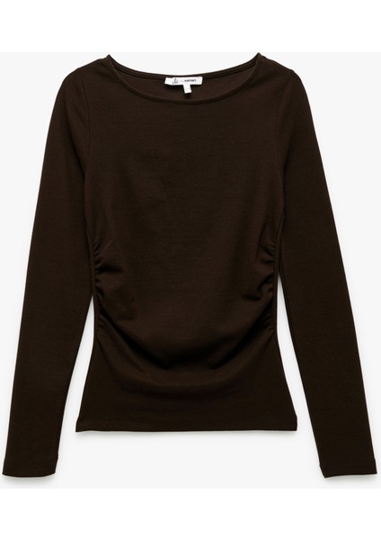 Pamuklu Slim Fit Kayık Yaka Drapeli Uzun Kollu Tişört