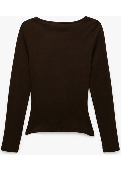 Pamuklu Slim Fit Kayık Yaka Drapeli Uzun Kollu Tişört fiyatları