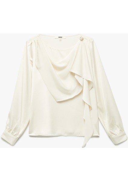Aksesuar Detaylı Uzun Kollu Şal Yaka Saten Bluz