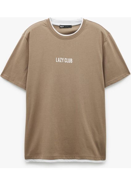 Kısa Kollu Regular Fit Bisiklet Yaka Renk Kontrastlı Pamuklu Baskılı Tişört modelleri