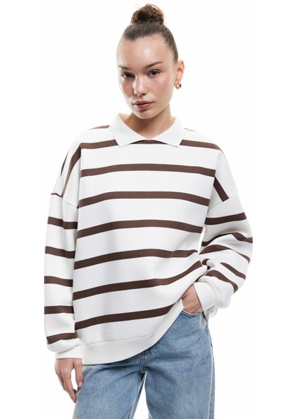 Şardonlu Polo Yaka Çizgili Oversize Sweatshirt