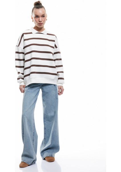 Şardonlu Polo Yaka Çizgili Oversize Sweatshirt fiyatları