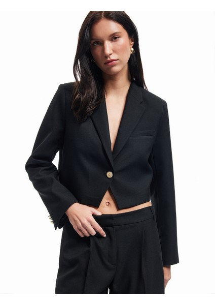 Kruvaze Uzun Kollu Crop Blazer Ceket