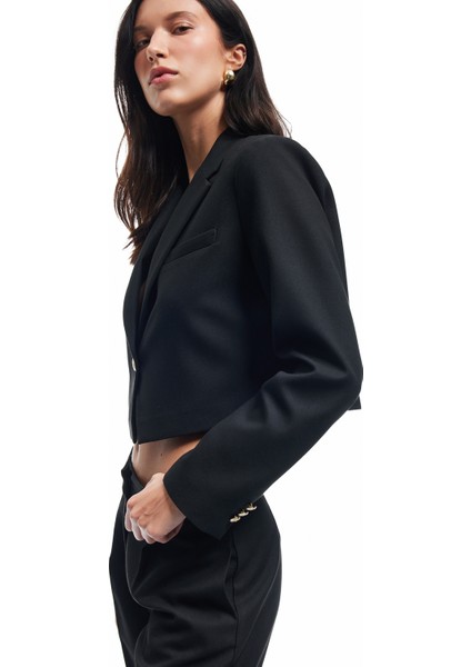 Kruvaze Uzun Kollu Crop Blazer Ceket