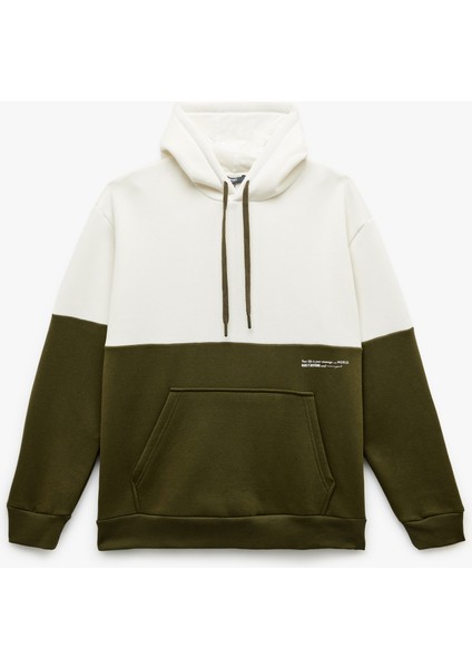 Kapşonlu Renk Bloklu Pamuklu Şardonlu Oversize Kanguru Cepli Sweatshirt