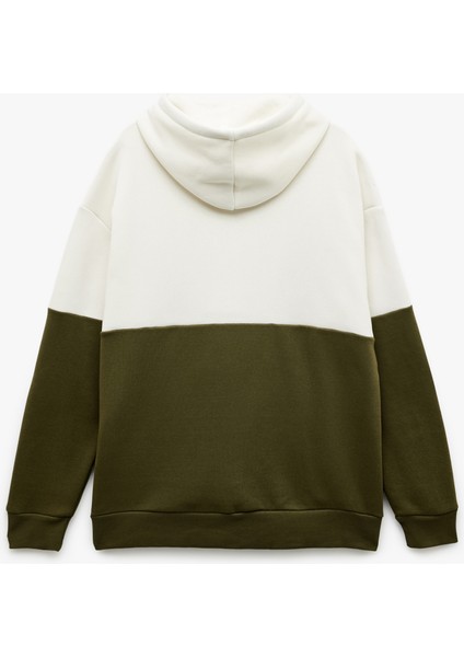 Kapşonlu Renk Bloklu Pamuklu Şardonlu Oversize Kanguru Cepli Sweatshirt fiyatları