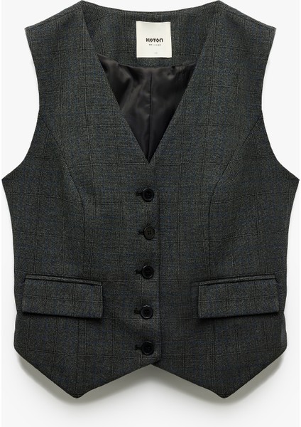 V Yaka Kolsuz Düğmeli Cepli Kareli Blazer Yelek modelleri