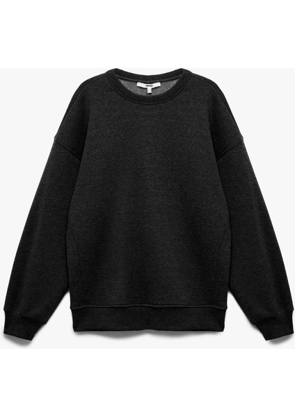 Şardonlu Uzun Kollu Bisiklet Yaka Oversize Sweatshirt