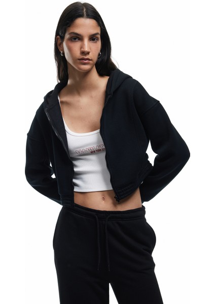 Şardonlu Uzun Kollu Fermuarlı Kapüşonlu Oversize Sweatshirt