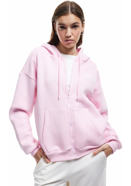Baskılı Uzun Kollu Şardonlu Kanguru Cepli Fermuarlı Sweatshirt