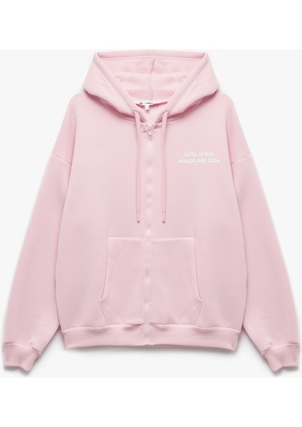Baskılı Uzun Kollu Şardonlu Kanguru Cepli Fermuarlı Sweatshirt
