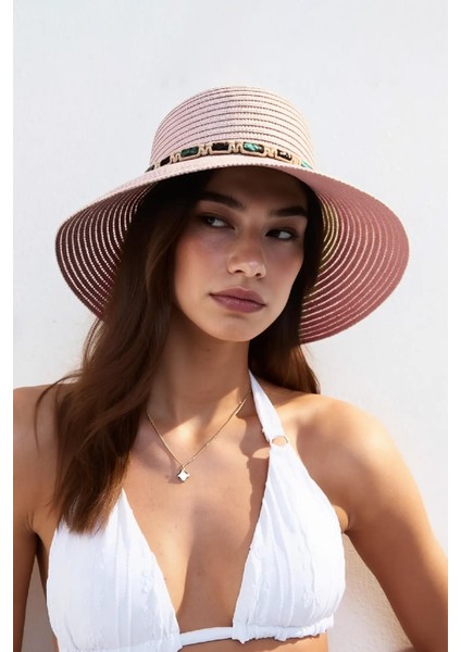 Kadın Boho Işlemeli Hasır Şapka - Pembe