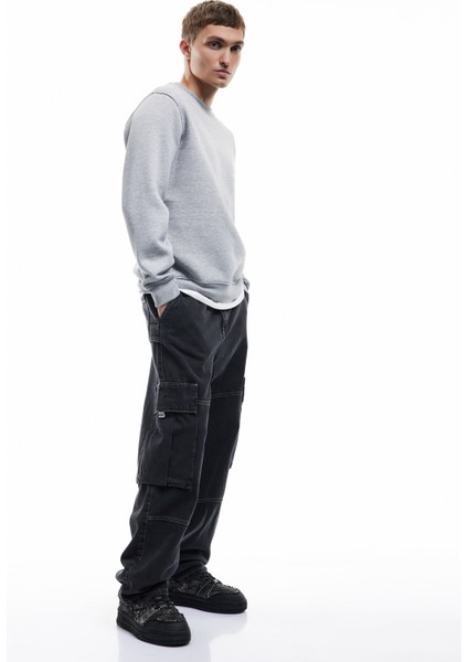 Uzun Kollu Şardonlu Kumaş Detaylı Bisiklet Yaka Sweatshirt