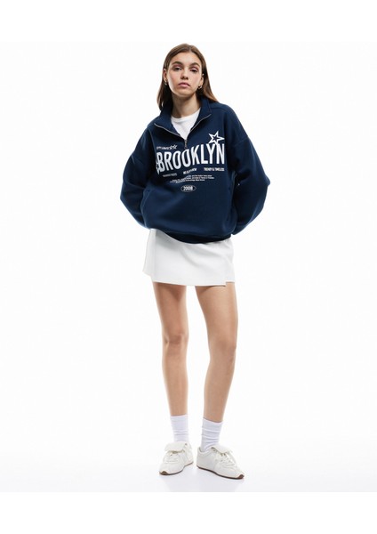 Şardonlu Uzun Kollu Baskılı Yarım Fermuarlı Oversize Sweatshirt fiyatları