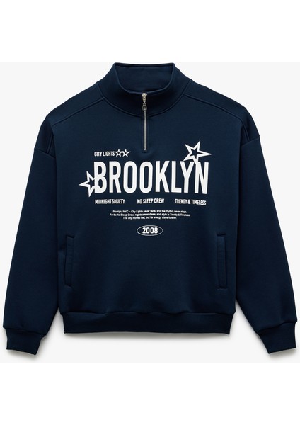 Şardonlu Uzun Kollu Baskılı Yarım Fermuarlı Oversize Sweatshirt modelleri