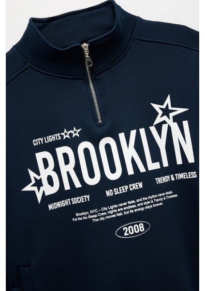 Şardonlu Uzun Kollu Baskılı Yarım Fermuarlı Oversize Sweatshirt indirimleri