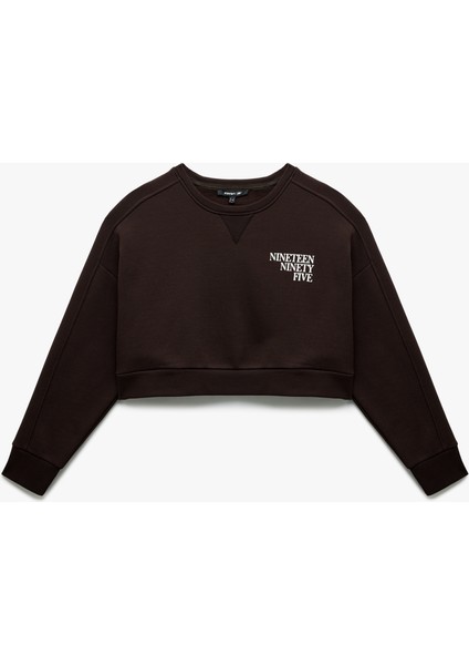 Baskılı Uzun Kollu Bisiklet Yaka Şardonlu Oversize Crop Sweatshirt modelleri