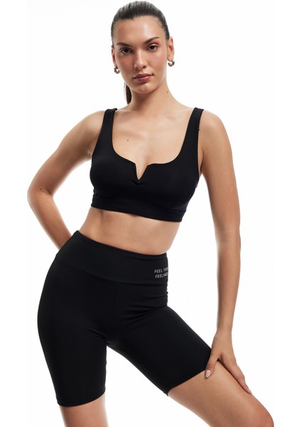 Yüksek Bel Slim Fit Baskılı Interlok Biker Spor Tayt