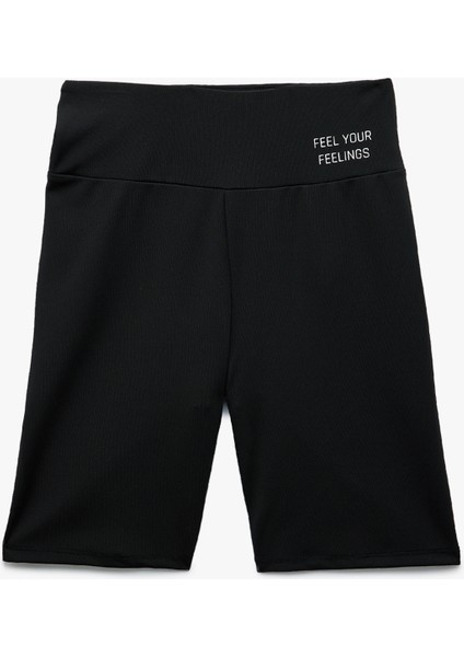 Yüksek Bel Slim Fit Baskılı Interlok Biker Spor Tayt